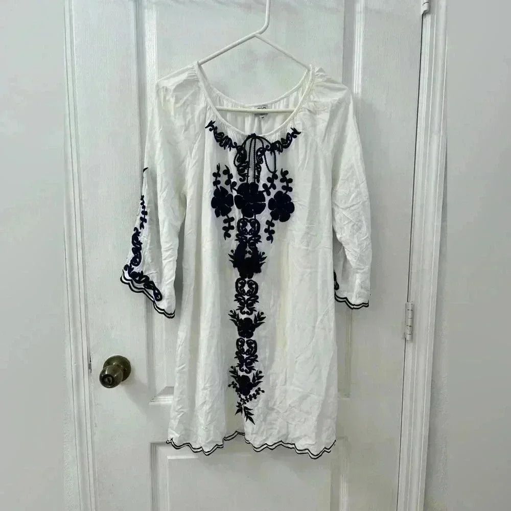 Chic Connection White And Blue Coastal Cowgirl Boho Mini Dress (Size M)